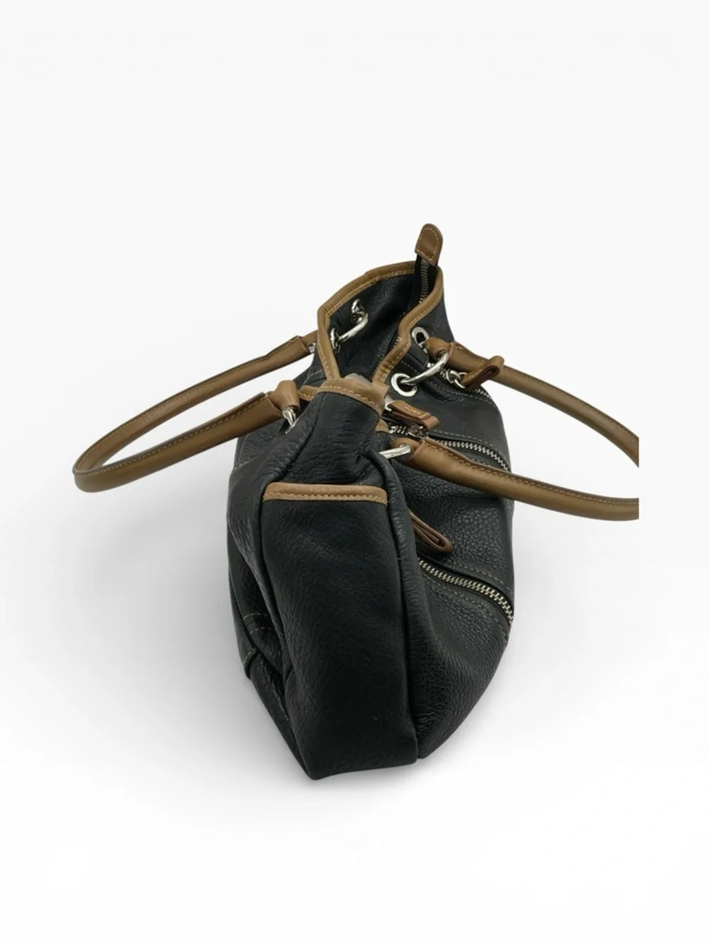 Dark brown with lighter brown trimmed Leather Satchel Handbag for Women